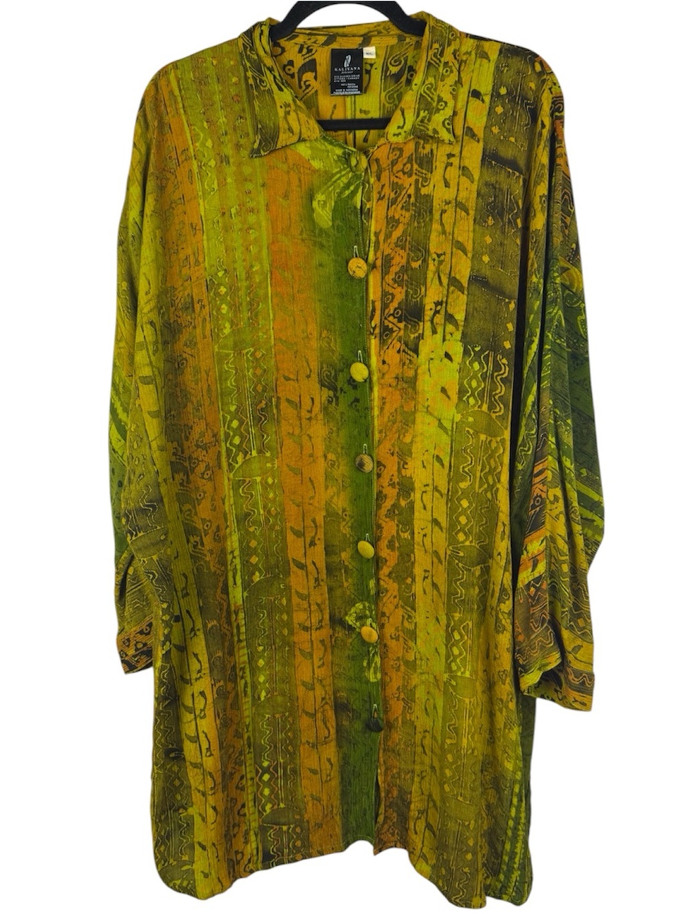 Kaliyana Artwear Rayon Batik Print Tunic Shirt Dress Jacket Green Yellow M/L
